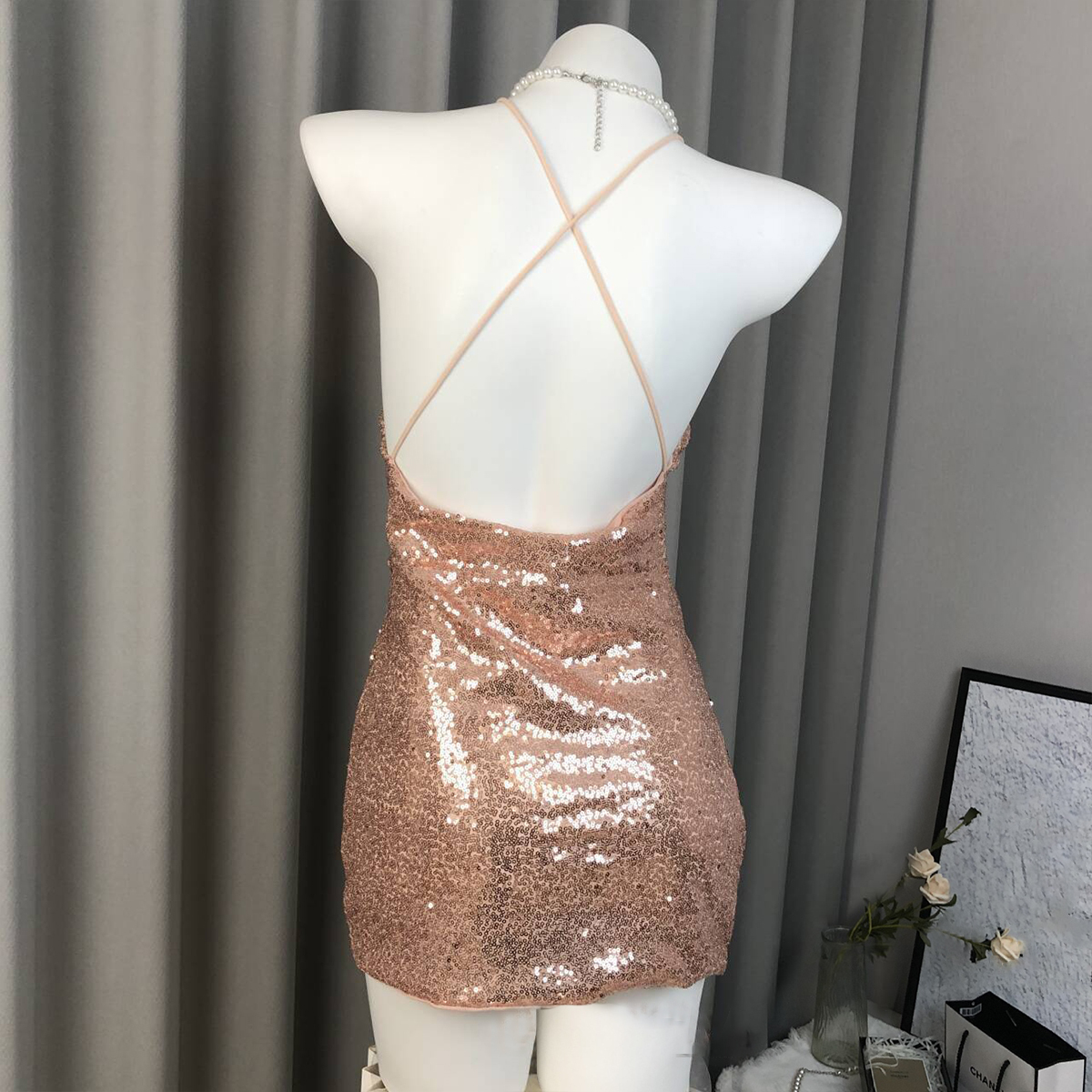 Sexy V-Neck Sequin Mesh Backless Bodycon Dress with Crisscross Straps