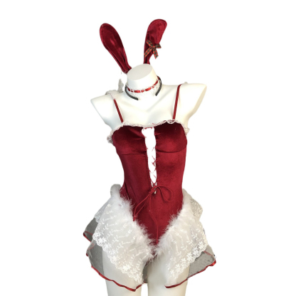 Velvet Christmas Bunny Lingerie Set Backless Nightdress