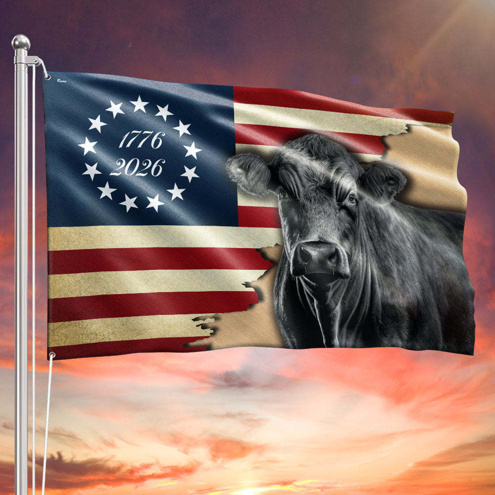Black Angus Cattle Flag, 1776 2026 Proud Cow Farmer Farm Life Grommet Flag