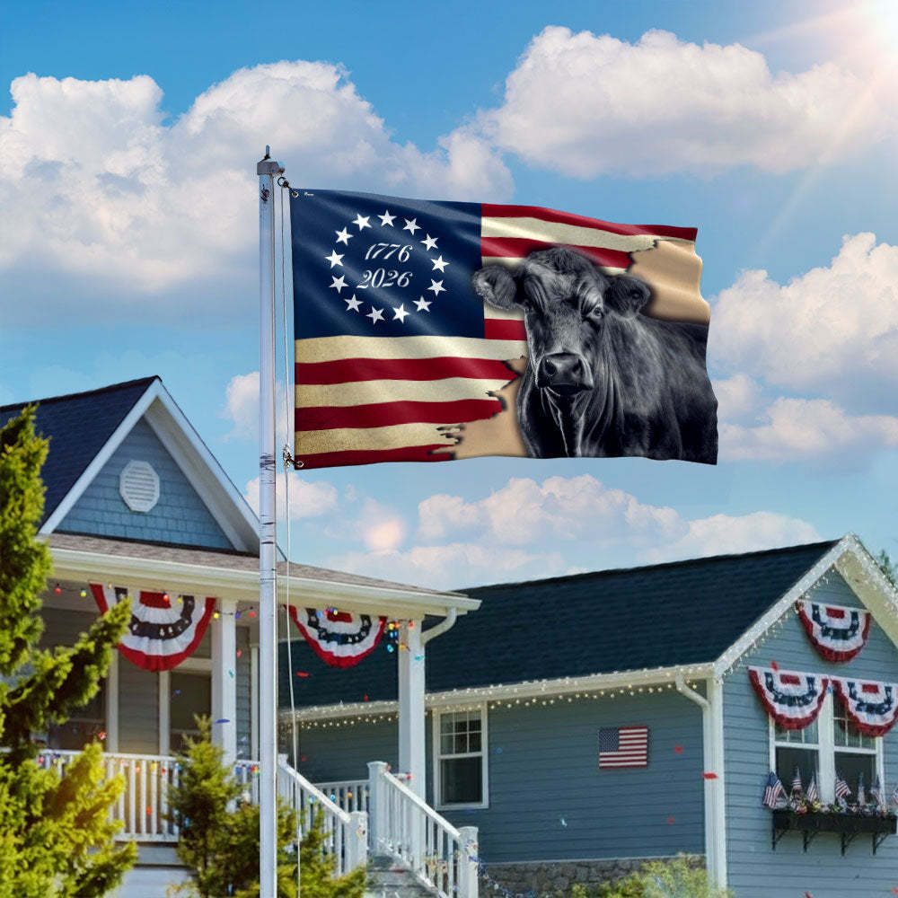 Black Angus Cattle Flag, 1776 2026 Proud Cow Farmer Farm Life Grommet Flag