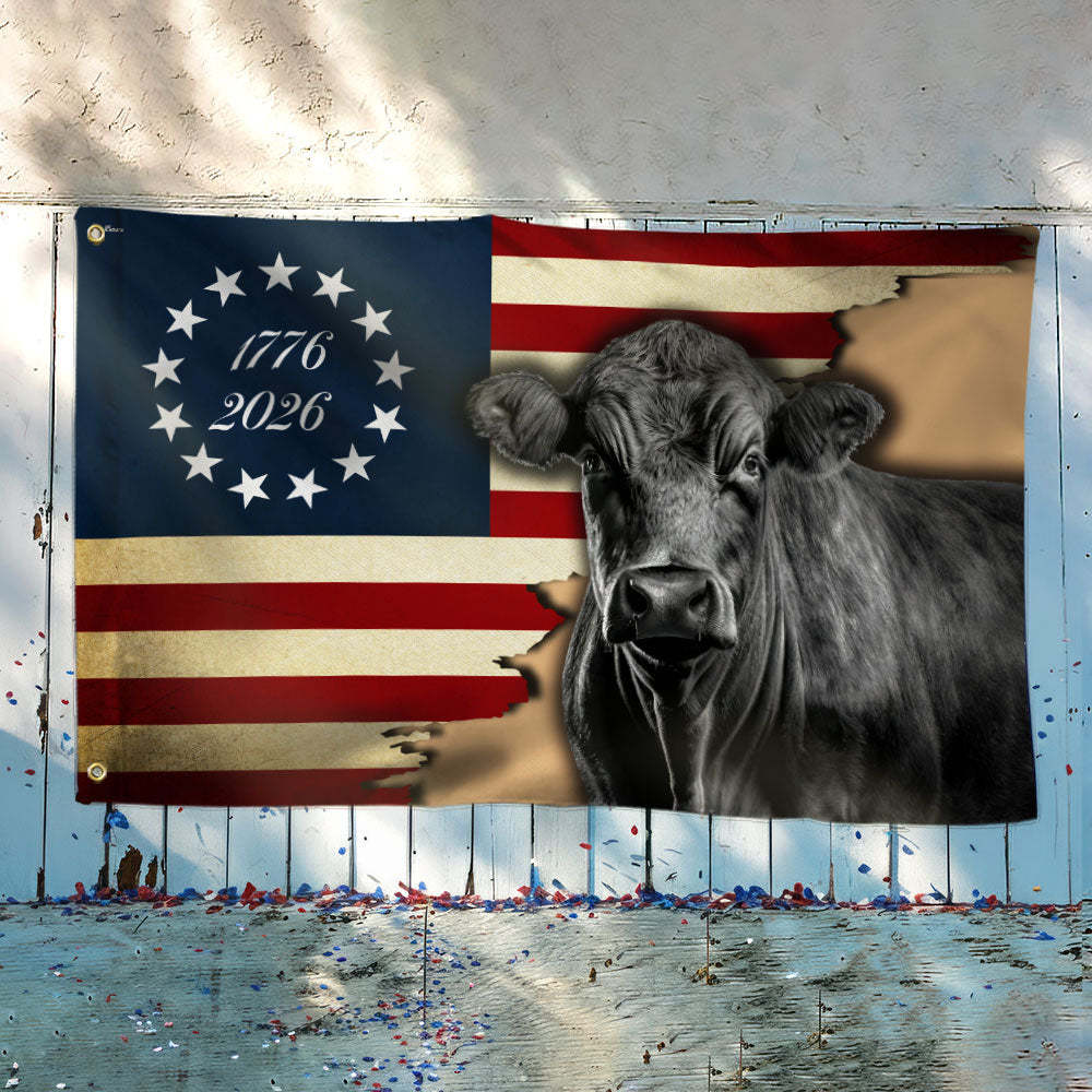 Black Angus Cattle Flag, 1776 2026 Proud Cow Farmer Farm Life Grommet Flag
