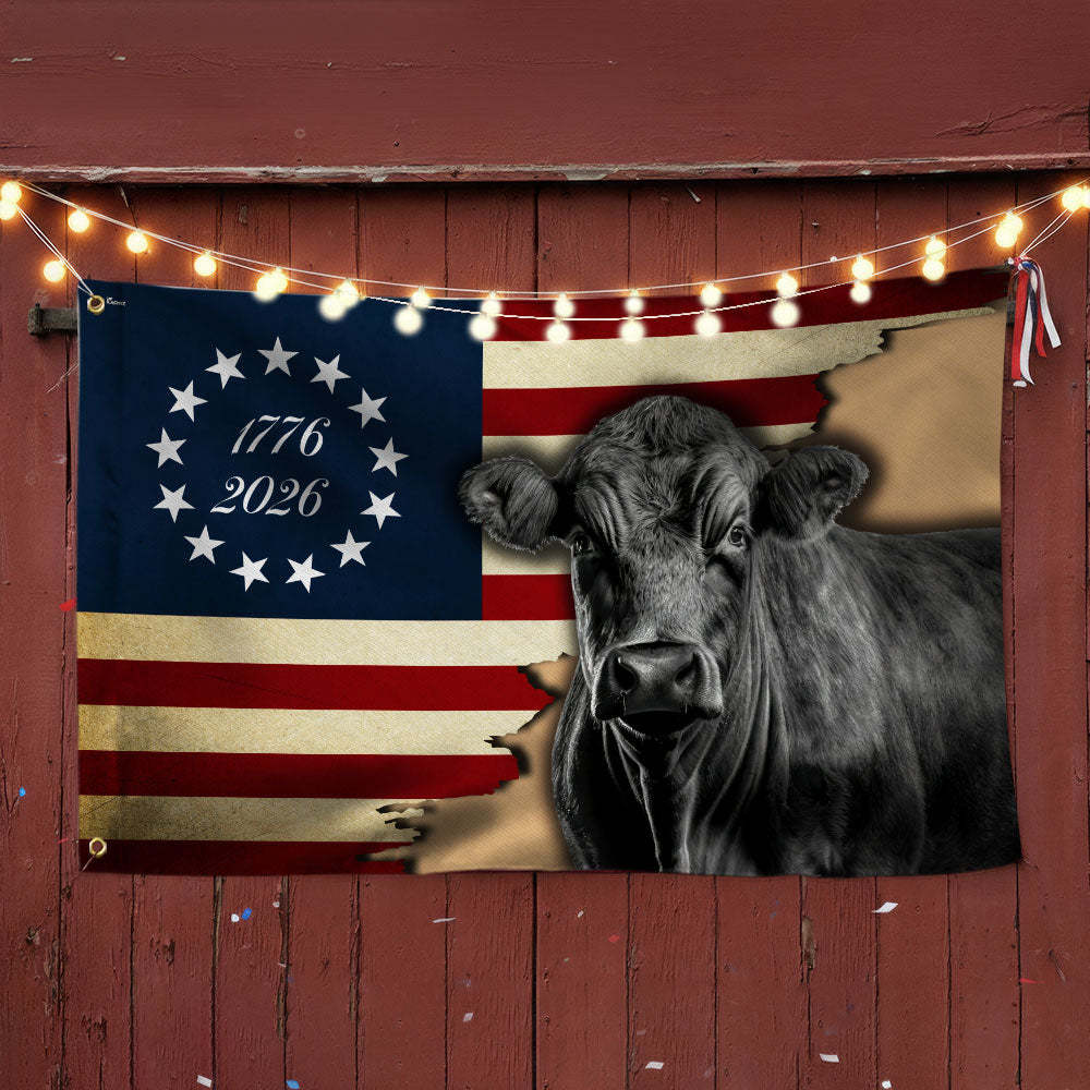Black Angus Cattle Flag, 1776 2026 Proud Cow Farmer Farm Life Grommet Flag