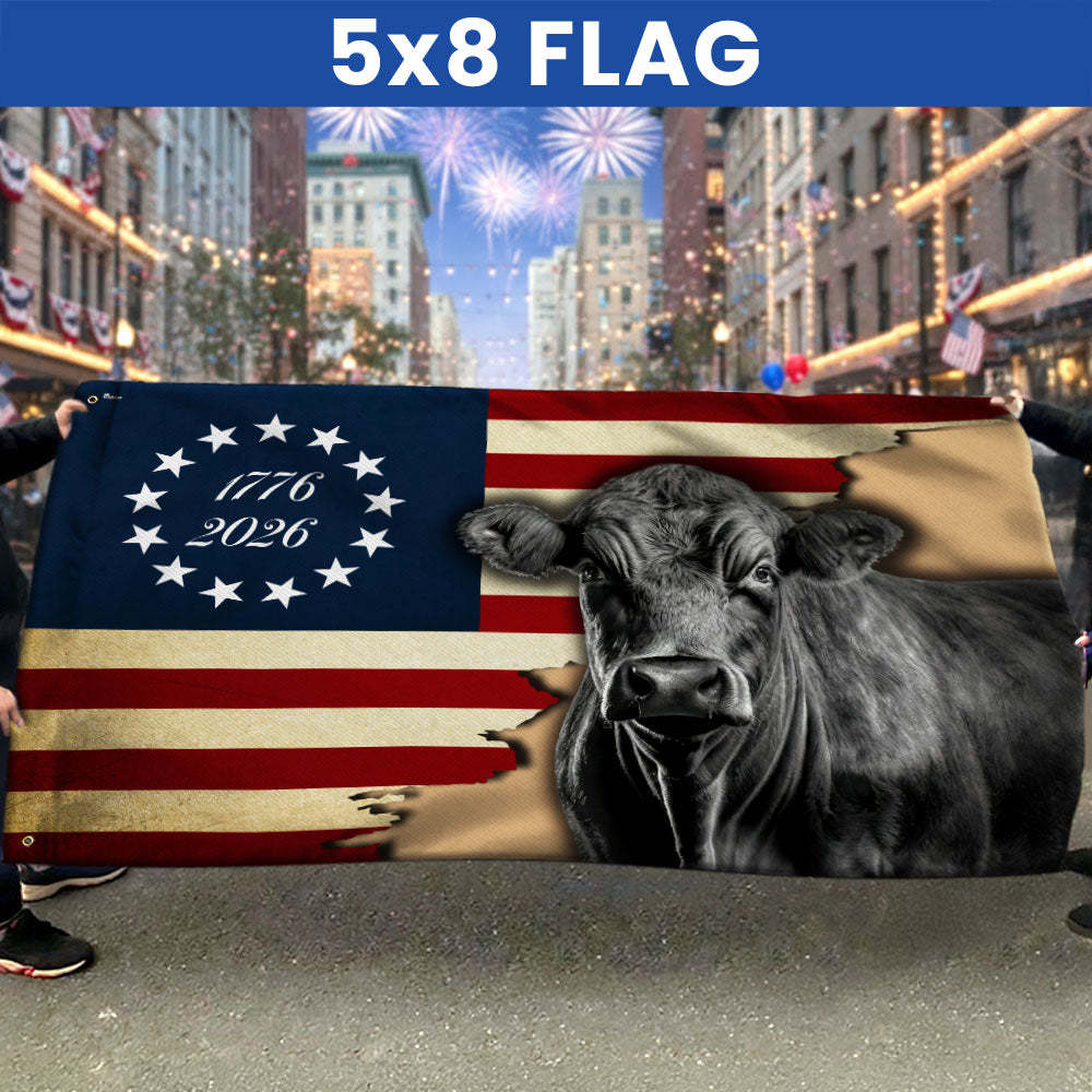 Black Angus Cattle Flag, 1776 2026 Proud Cow Farmer Farm Life Grommet Flag
