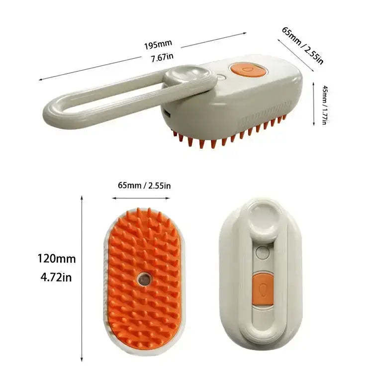 PawMist steam pet brush with orange silicone bristles and massage handle