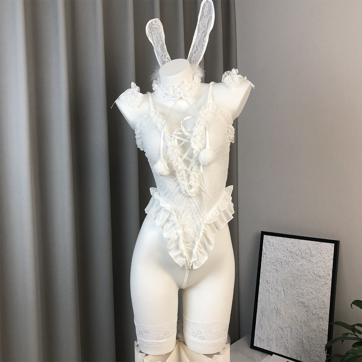 Cute Bunny Lace Bodysuit with Straps Shaping Lingerie Set