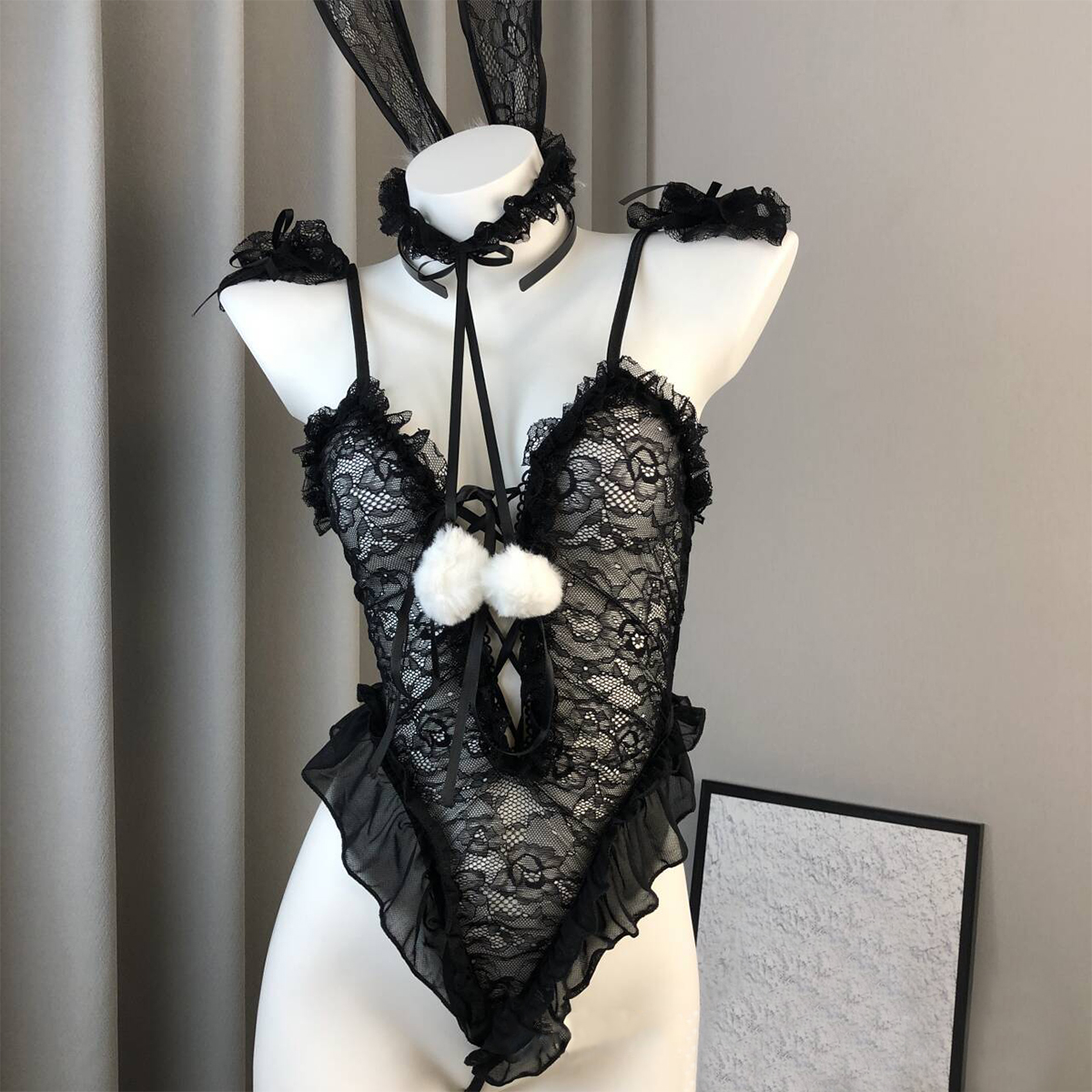 Cute Bunny Lace Bodysuit with Straps Shaping Lingerie Set
