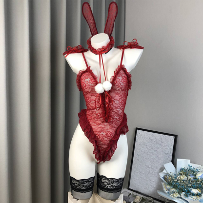 Cute Bunny Lace Bodysuit with Straps Shaping Lingerie Set
