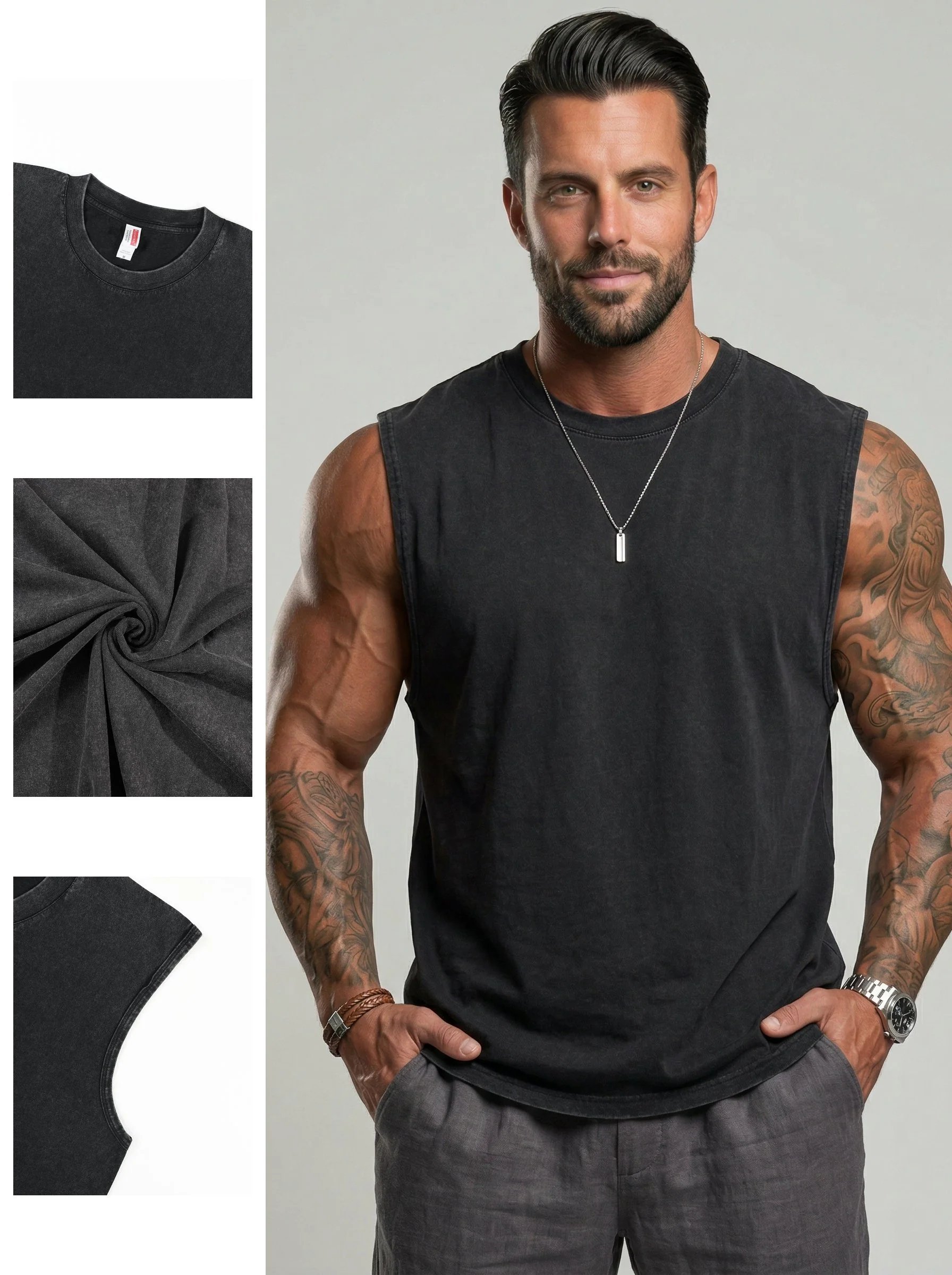 ⚡ Hot Sales 49% OFF 🔥 4-Pack Men's Washed Sleeveless Vest – Heavyweight Cotton, Acid Wash, Oversized Gym & Streetwear