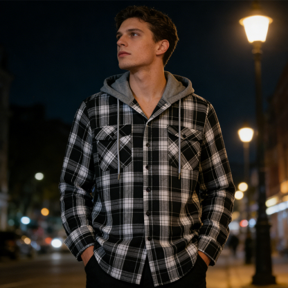 Men's Plaid Flannel Hooded Shirt Jacket