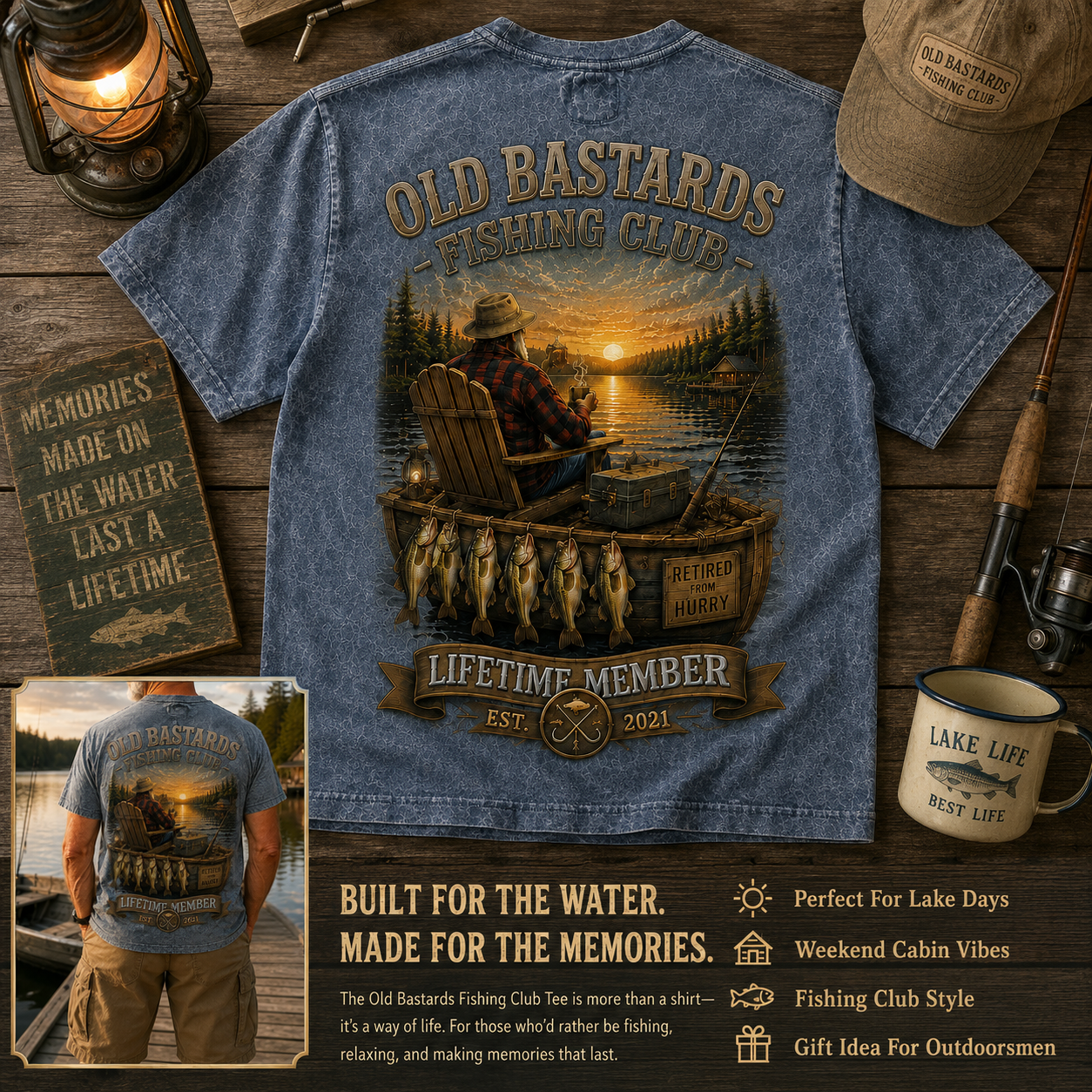 Men's Funny Old Bastards Fishing Club Lifetime Member Print Casual Tee