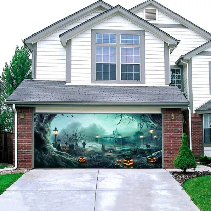 Lanterns In Graveyard In The Spooky Night - Halloween With Full Moon Garage Door Banner Mural