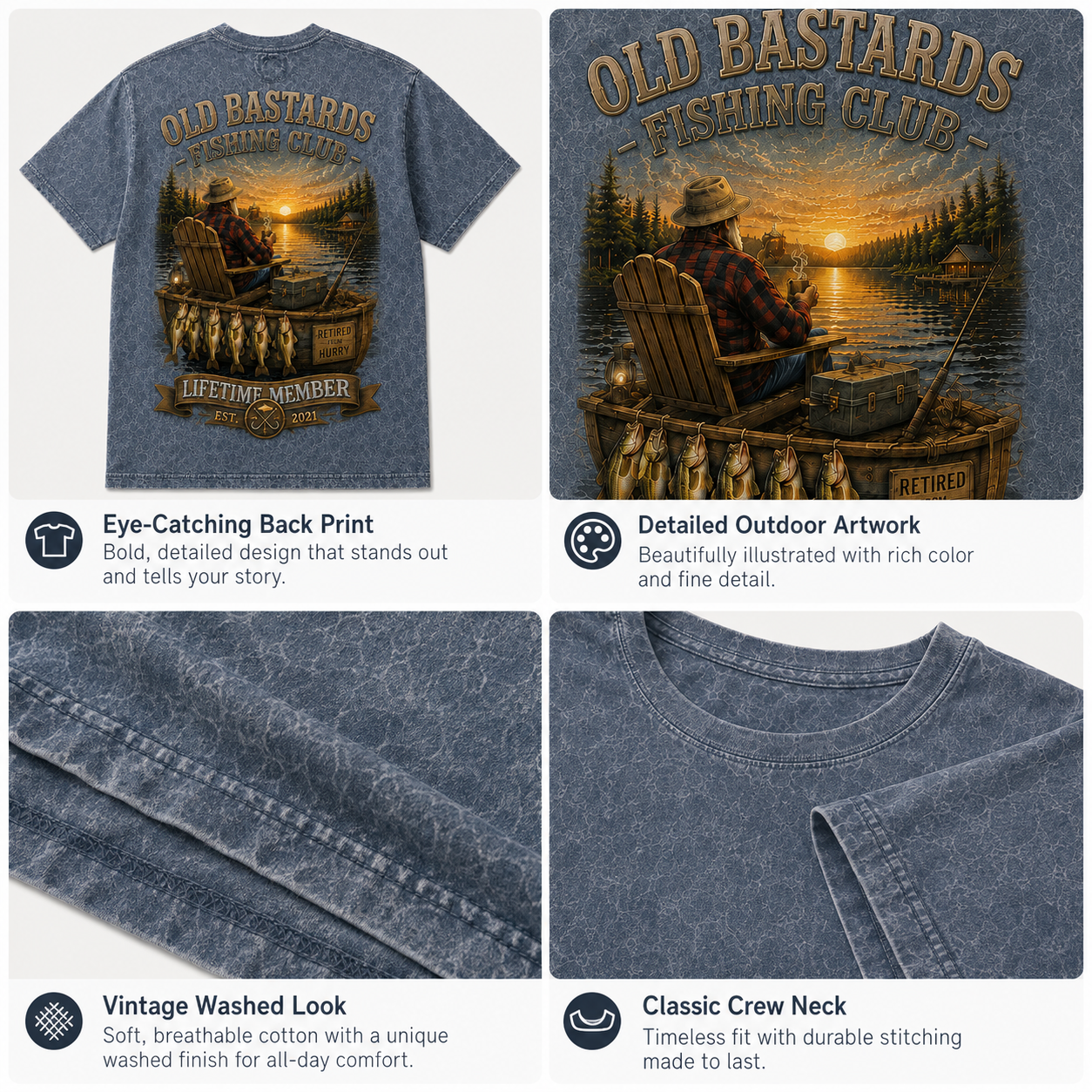 Men's Funny Old Bastards Fishing Club Lifetime Member Print Casual Tee