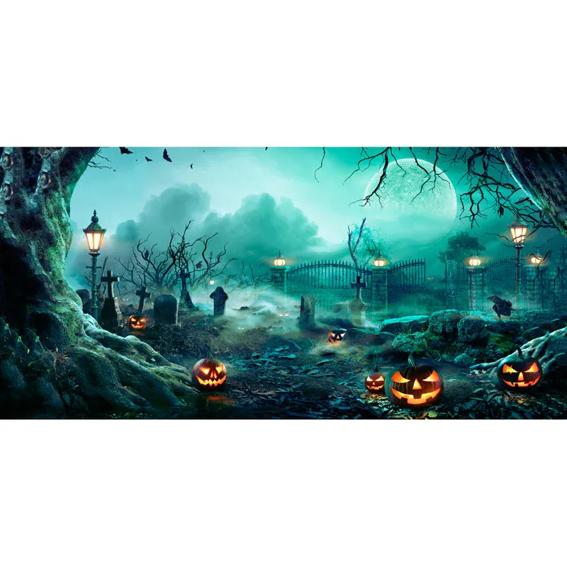 Lanterns In Graveyard In The Spooky Night - Halloween With Full Moon Garage Door Banner Mural