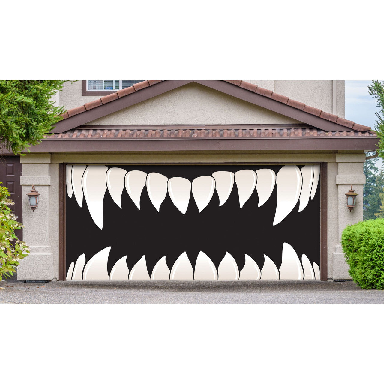 7' x 16' Cream White and Black Double Car Halloween Garage Door Banner