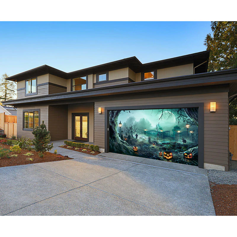 Lanterns In Graveyard In The Spooky Night - Halloween With Full Moon Garage Door Banner Mural