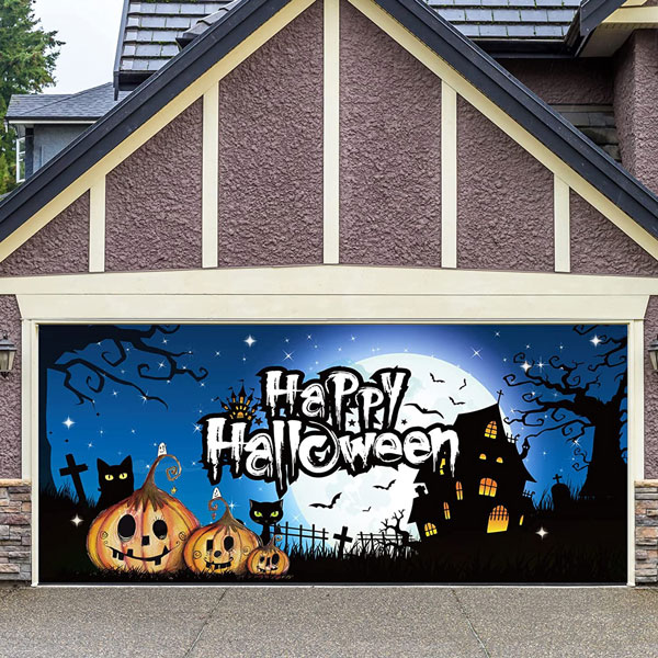 (This style has a US warehouse and can be delivered in 3-5 days)7' x 16'  Scray O Lantern Three Scary Pumpkins Garage Door Mural
