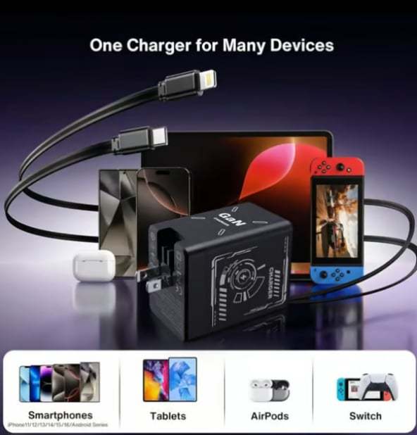 2-in-1 GaN PD3.0  Charger with Retractable Cables（Plug specifications: US standard plug）