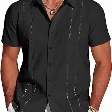 Men's Cuban Short Sleeve V-Neck Linen Shirt Casual Summer Beach