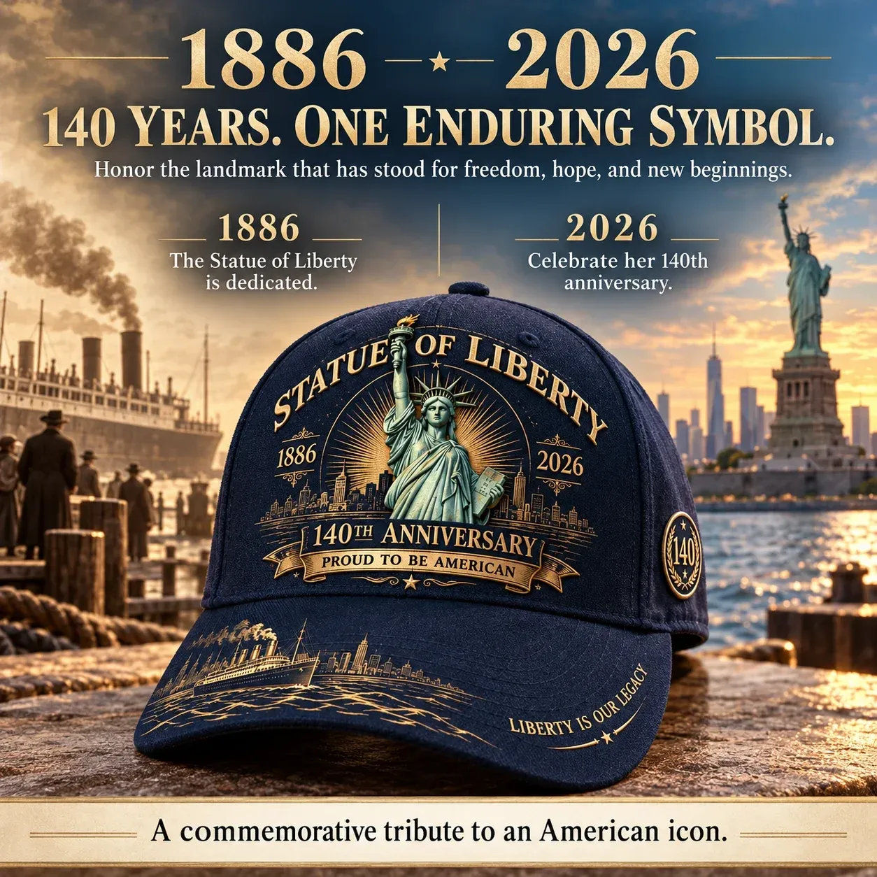 1886 and 2026 anniversary dates on the Statue of Liberty cap