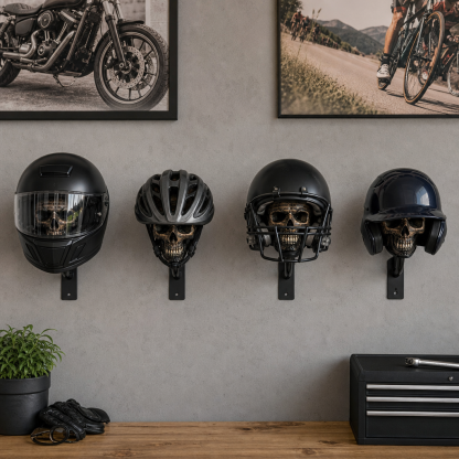 Skull Motorcycle Helmet Holder – Punk Skull Wall Mount Rack for Helmets, Jackets & Garage Decor