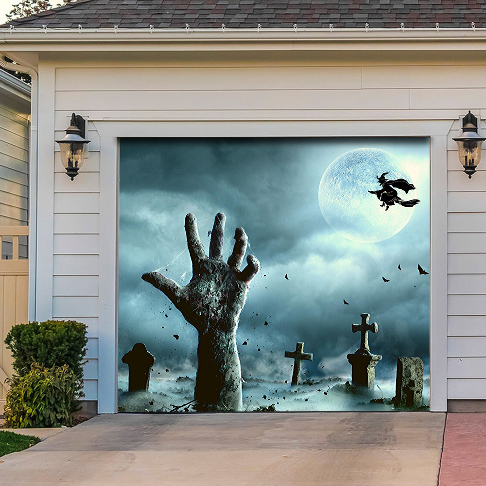 Spooky Graveyard Halloween Garage Door Banner Mural on a Full Moon Night