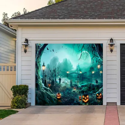 Lanterns In Graveyard In The Spooky Night - Halloween With Full Moon Garage Door Banner Mural