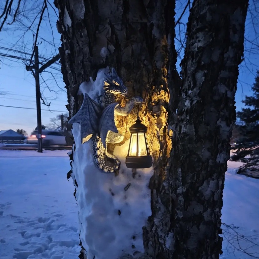 Garden Decor Dragon Hugging Tree Garden Statue with Solar Lantern