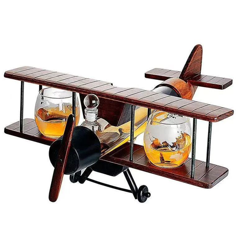 Airplane-shaped Wine Bottle with Cup Decanter Glass Bottle Solid Wood Shaped Wine Bottle