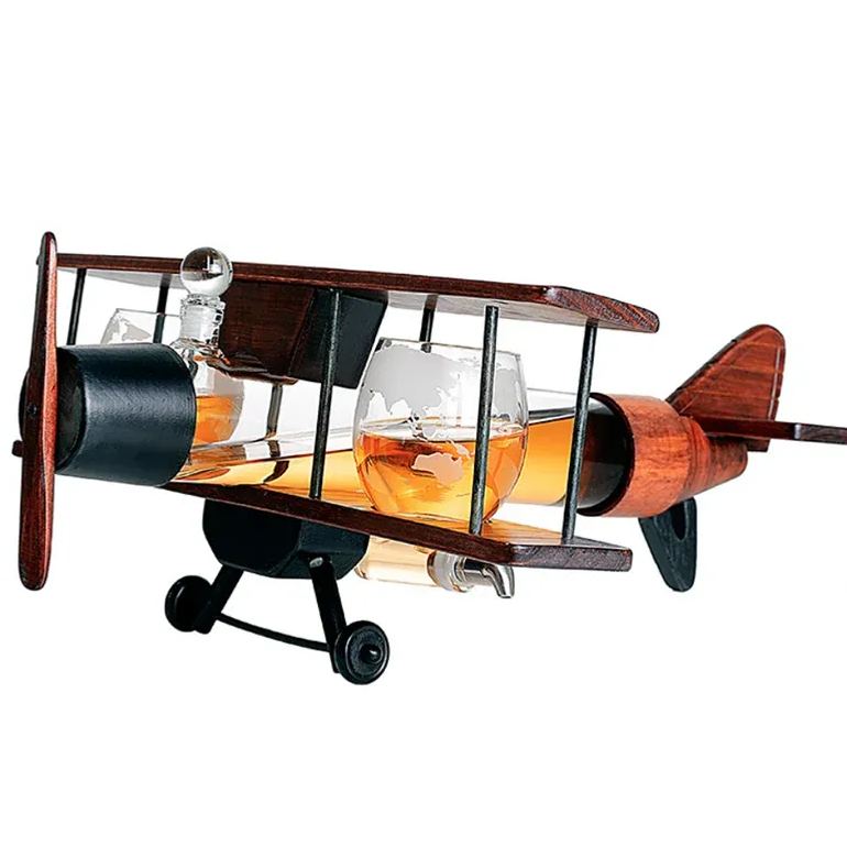Airplane-shaped Wine Bottle with Cup Decanter Glass Bottle Solid Wood Shaped Wine Bottle