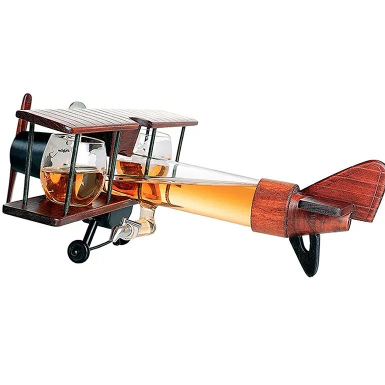 Airplane-shaped Wine Bottle with Cup Decanter Glass Bottle Solid Wood Shaped Wine Bottle