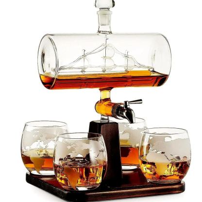 Whiskey Decanter Set, Liquor Dispenser for Home Bar, Crystal Glass - 1250ml Ship & 2 Whiskey Glasses Beautiful Stand Fathers Day, Gift for Dad, Husband-Wildvoy