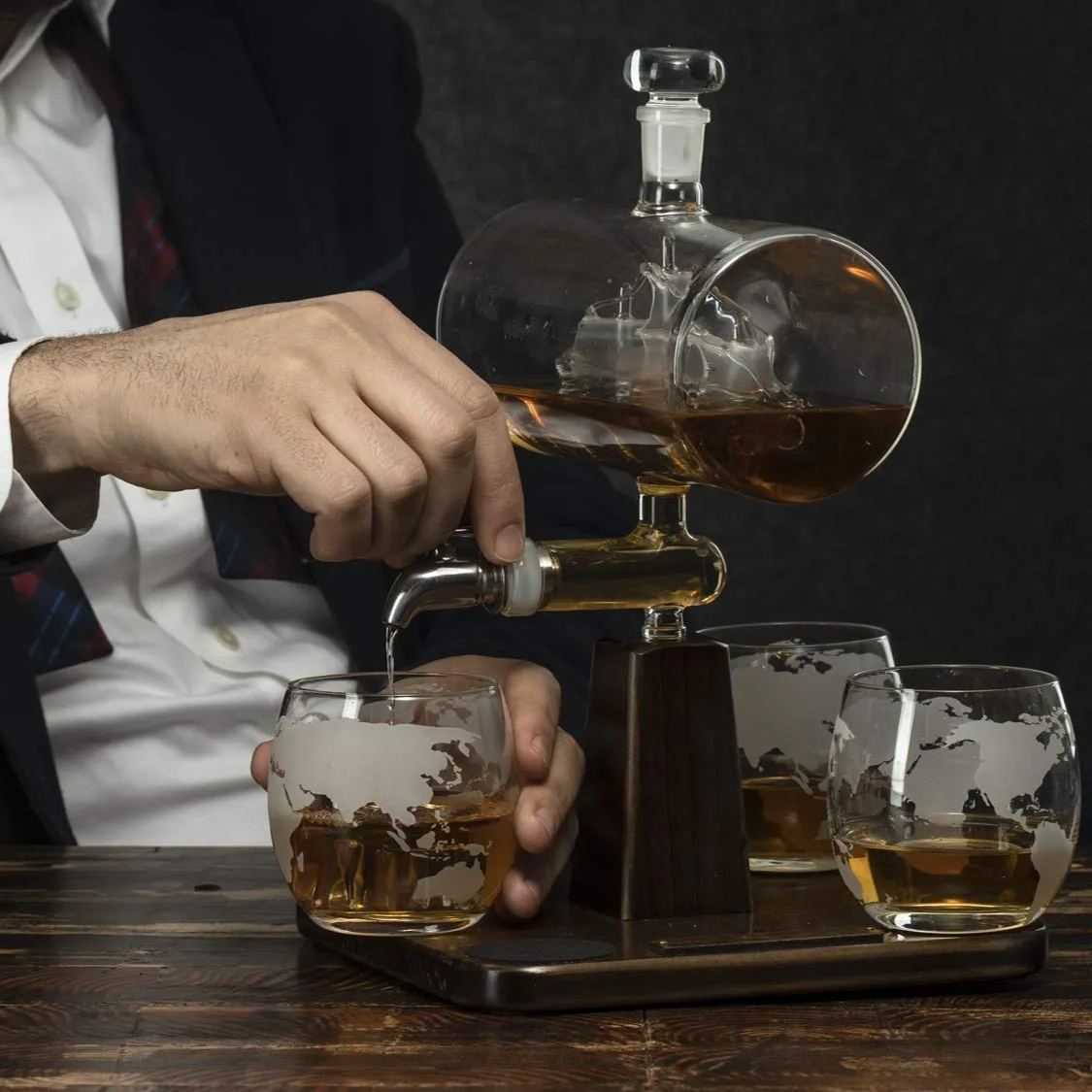 Whiskey Decanter Set, Liquor Dispenser for Home Bar, Crystal Glass - 1250ml Ship & 2 Whiskey Glasses Beautiful Stand Fathers Day, Gift for Dad, Husband-Wildvoy