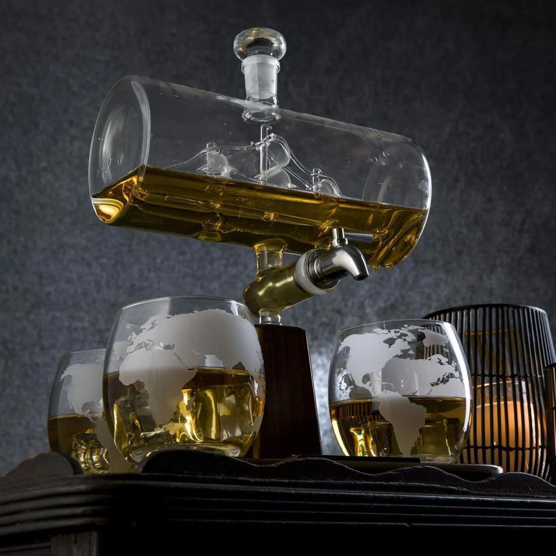 Whiskey Decanter Set, Liquor Dispenser for Home Bar, Crystal Glass - 1250ml Ship & 2 Whiskey Glasses Beautiful Stand Fathers Day, Gift for Dad, Husband-Wildvoy