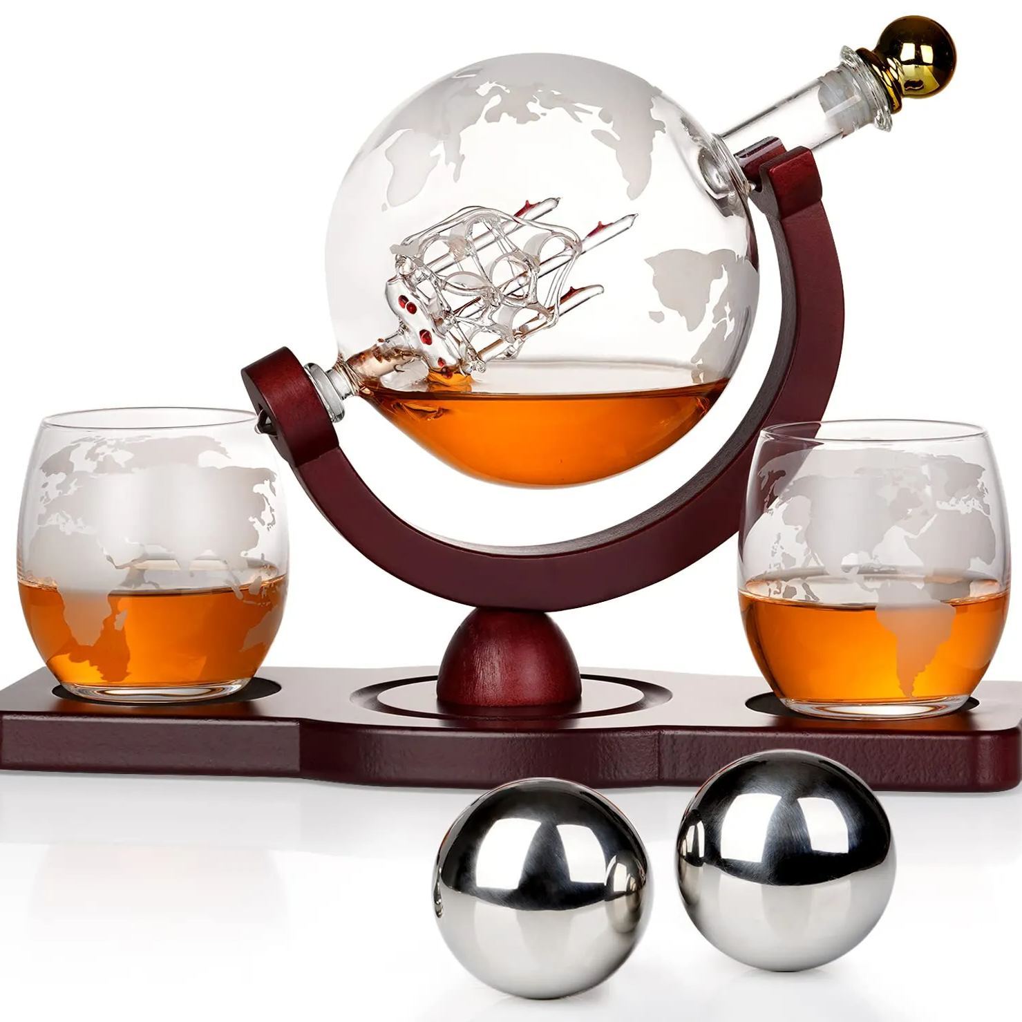 Whiskey Decanter Globe Set with 2 Ball Stones & 2 Glasses