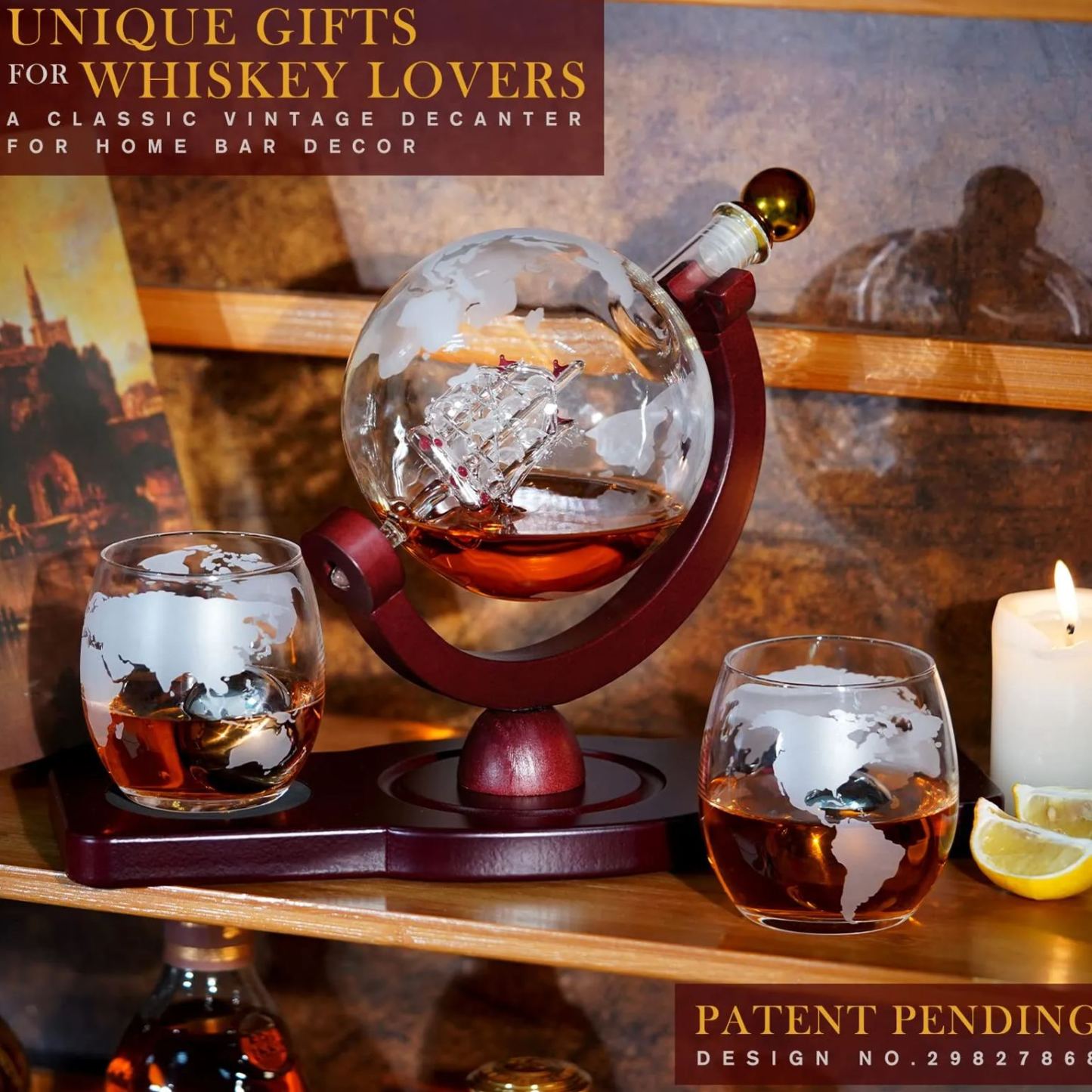 Whiskey Decanter Globe Set with 2 Ball Stones & 2 Glasses