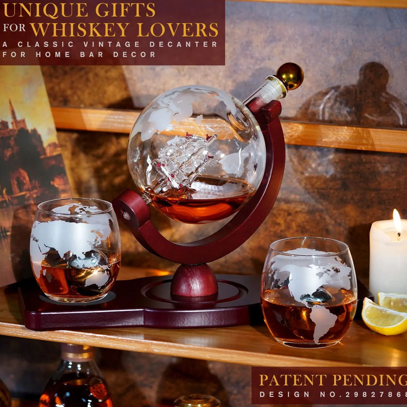 Whiskey Decanter Globe Set with 2 Ball Stones & 2 Glasses