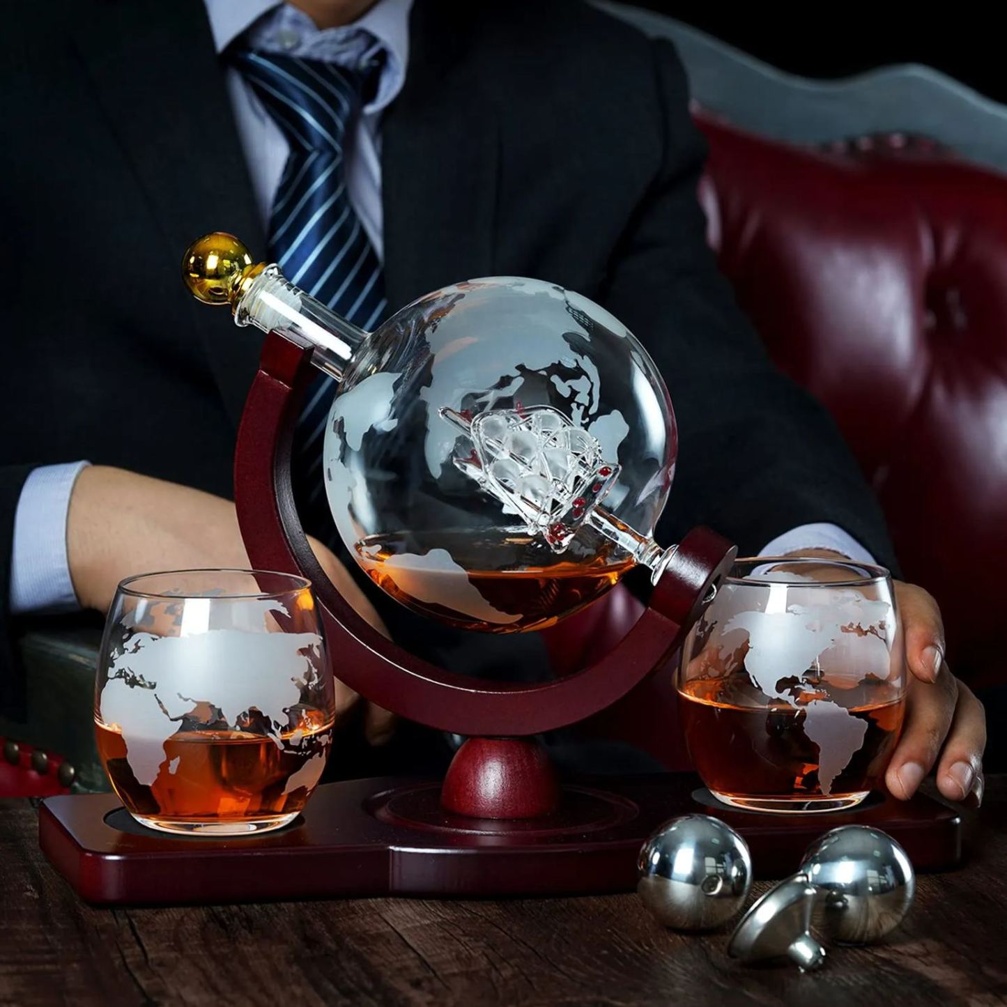 Whiskey Decanter Globe Set with 2 Ball Stones & 2 Glasses
