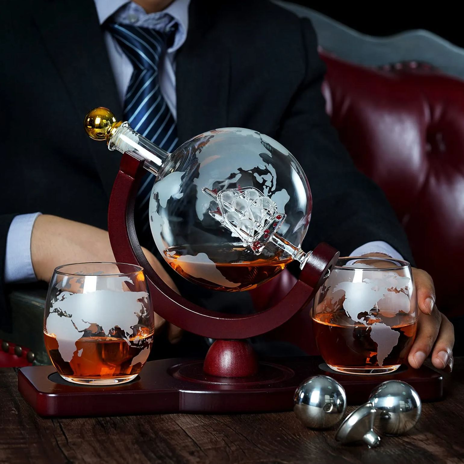 Whiskey Decanter Globe Set with 2 Ball Stones & 2 Glasses