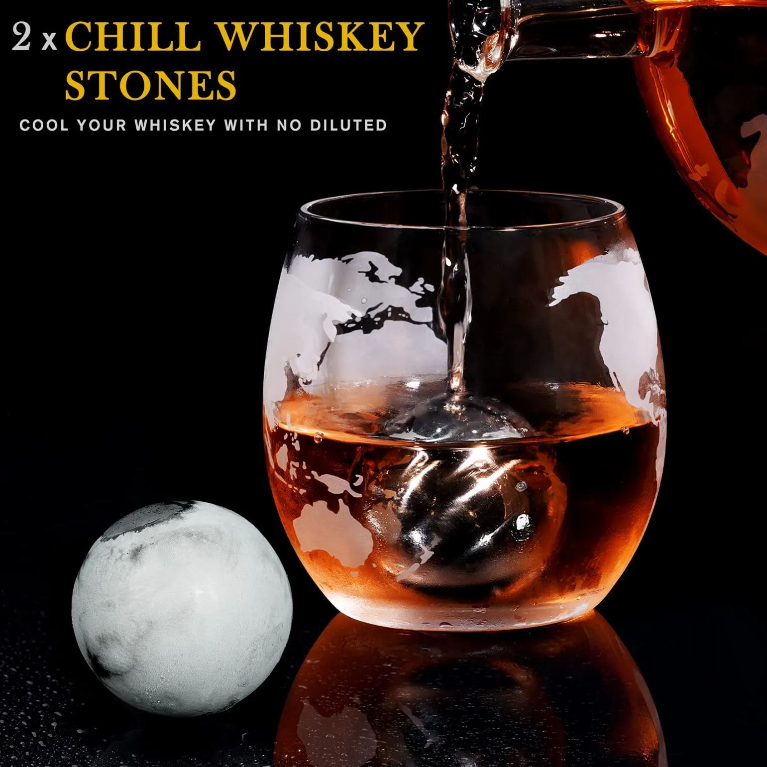 Whiskey Decanter Globe Set with 2 Ball Stones & 2 Glasses