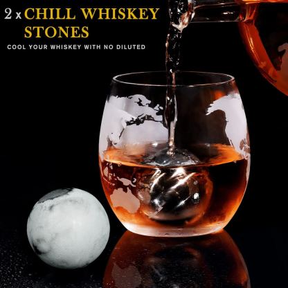 Whiskey Decanter Globe Set with 2 Ball Stones & 2 Glasses
