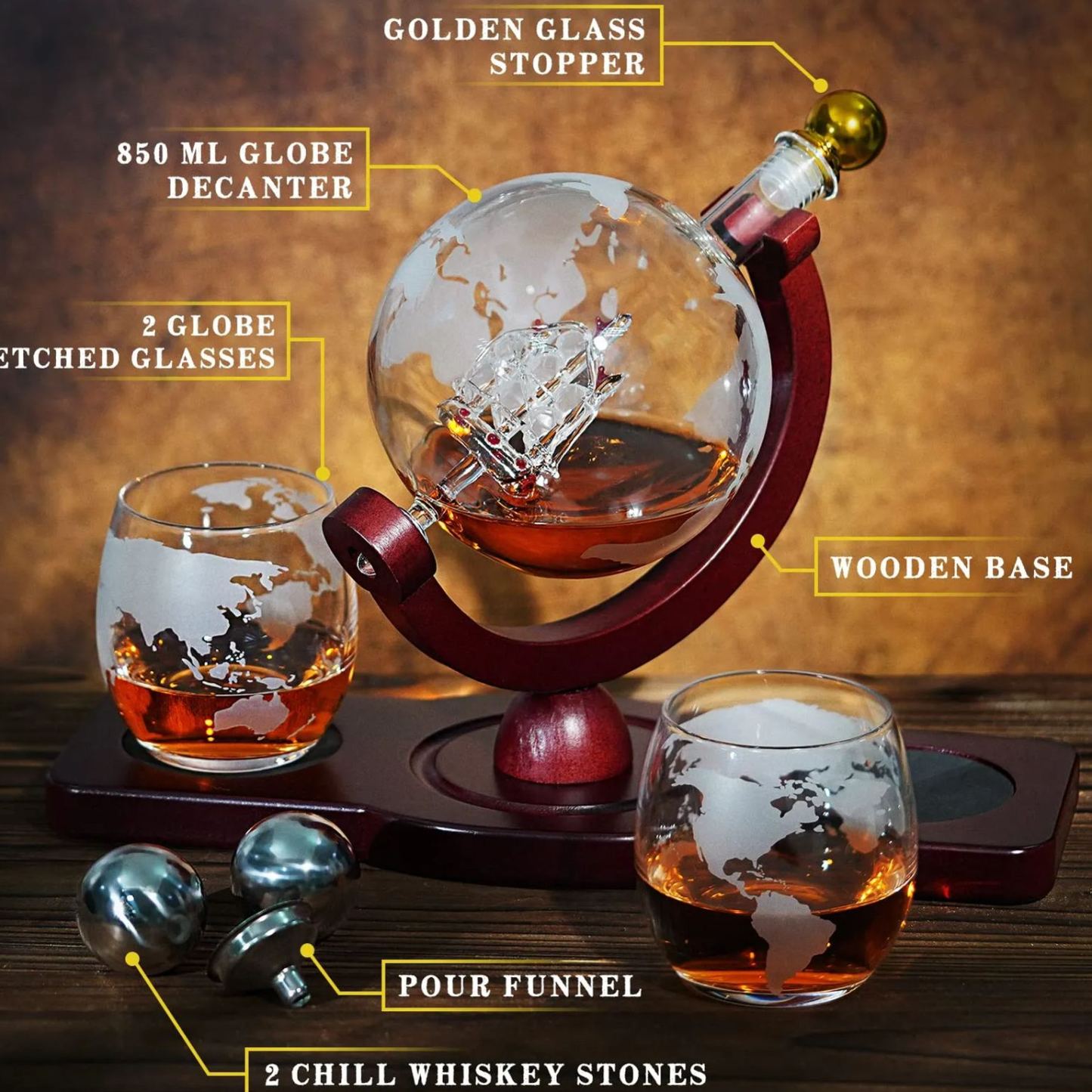 Whiskey Decanter Globe Set with 2 Ball Stones & 2 Glasses