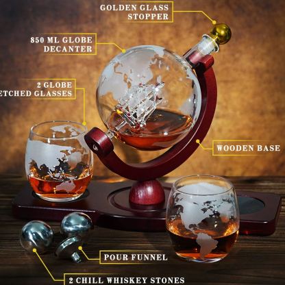 Whiskey Decanter Globe Set with 2 Ball Stones & 2 Glasses