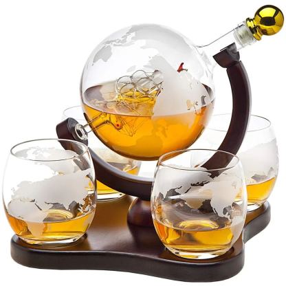 Whiskey Decanter Globe Set with 4 Etched Globe Whisky Glasses for Liquor