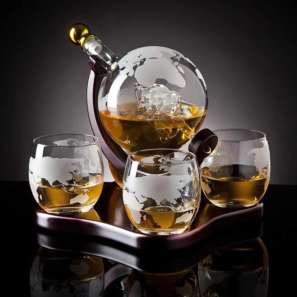 Whiskey Decanter Globe Set with 4 Etched Globe Whisky Glasses for Liquor