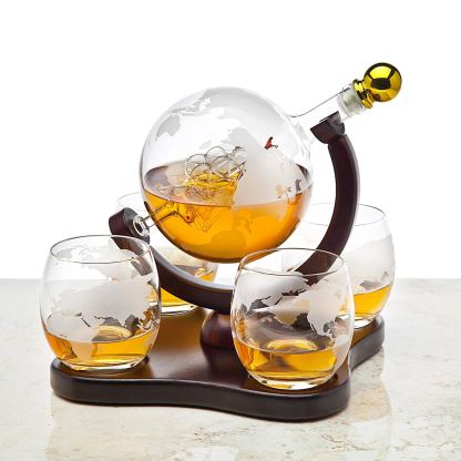 Whiskey Decanter Globe Set with 4 Etched Globe Whisky Glasses for Liquor