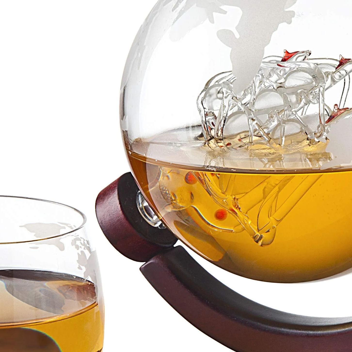 Whiskey Decanter Globe Set with 4 Etched Globe Whisky Glasses for Liquor