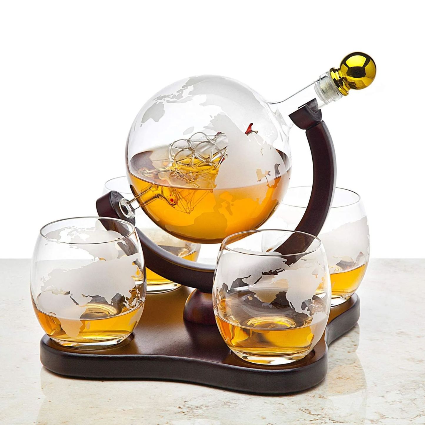 Whiskey Decanter Globe Set with 4 Etched Globe Whisky Glasses for Liquor