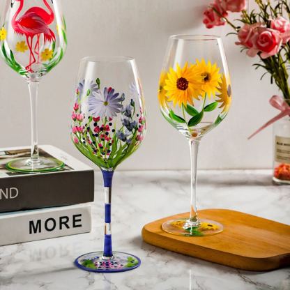 Hand-Painted Flowers Wine Glass Household Painted Goblet Crystal Champagne Drinkware