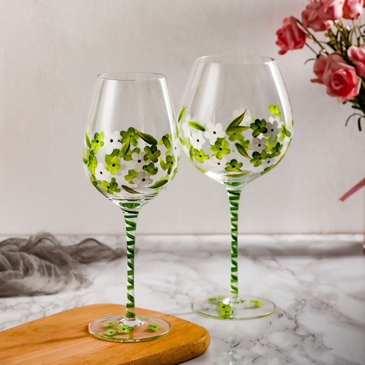 Hand-Painted Flowers Wine Glass Household Painted Goblet Crystal Champagne Drinkware