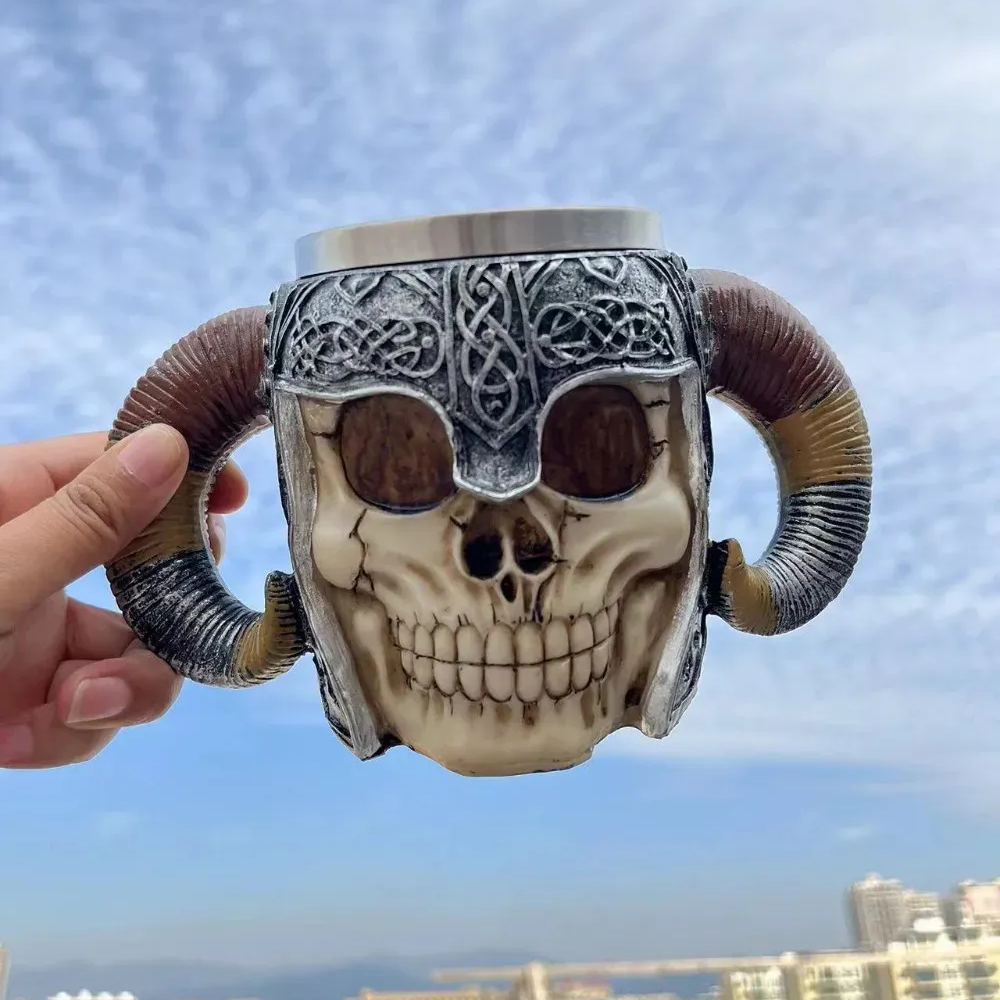 Skull Cup Beer Glass 3D Viking Skull Beer Mug Coffee Cup Stainless Steel Viking Drinking Mug